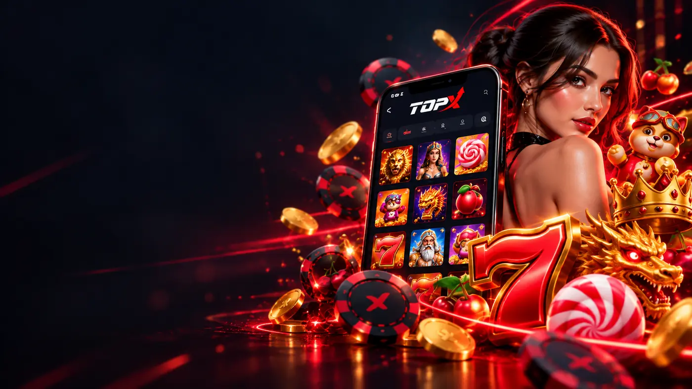 Celular com o cassino TopX, slot 777, doces e moedas em fundo vermelho