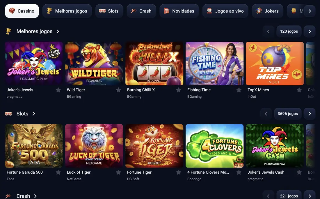 Lobby da TopX com categorias Melhores jogos e Slots